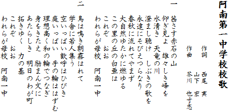 阿南第一中学校校歌

　　　　　　　作詞　　西尾　実
　　　　　　　　　　　山下　宏
　　　　　　　作曲　　芥川　也寸志

一　茜さす赤石の山
　　仰ぎ見よ　雄々しき峰を
　　水清き　天竜の川
　　澄まし聴け　しぶきの歌を
　　永遠にそびえつらなり
　　春秋に流れてやまず
　　大自然ゆたかに燃ゆる
　　この里の丘の白亜は
　　これぞ　おお
　　われらが母校　阿南一中

二　鳥は鳴き朝霧はれて
　　学舎に若人集う
　　空いっぱい歓呼はひびき
　　庭いっぱい　手の輪ははずむ
　　理想高く和の輪でつなぎ
　　身をきたえ　励まん文に
　　あたらしき　明日のわが町
　　拓きゆく　力の基
　　これぞ　おお
　　われらが母校　阿南一中